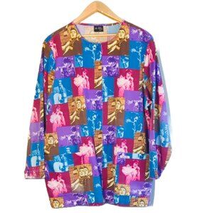 Vintage Elvis Print Cherokee Long Sleeve Scrub Top Snap Button with Pockets l 2X